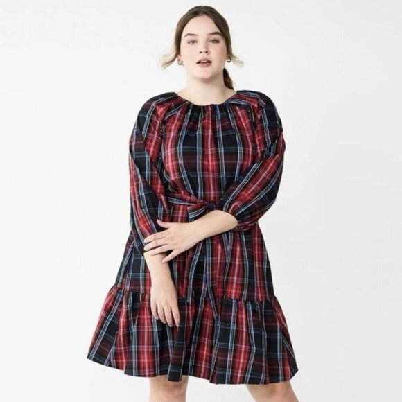 Draper James RSVP Plaid Bow Back 3/4 Sleeve Dress - Picture 1 of 10